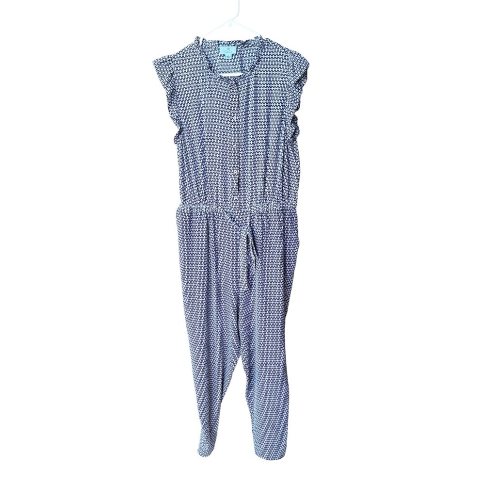 Cece Navy Blue Flutter Sleeve Swiss Dot V Neck Jumpsuit with Wide Leg Size L - Picture 2 of 9